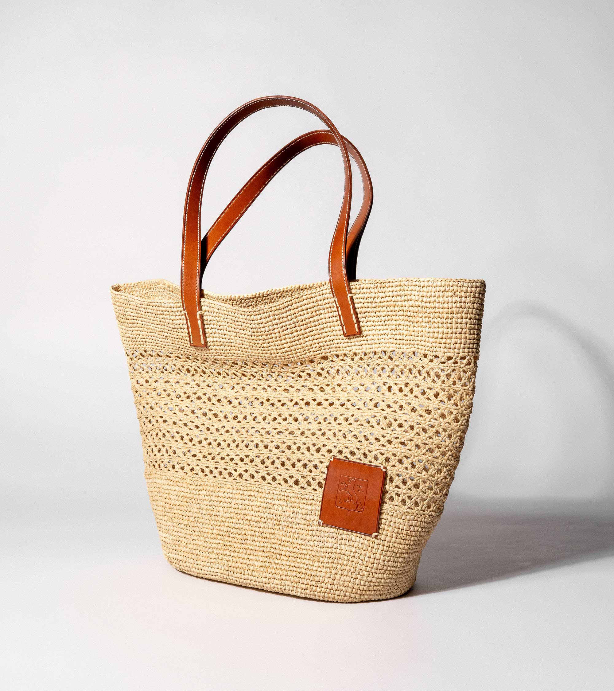 Grand sac cabas le Nattier en cuir lisse semi-végétal et raphia