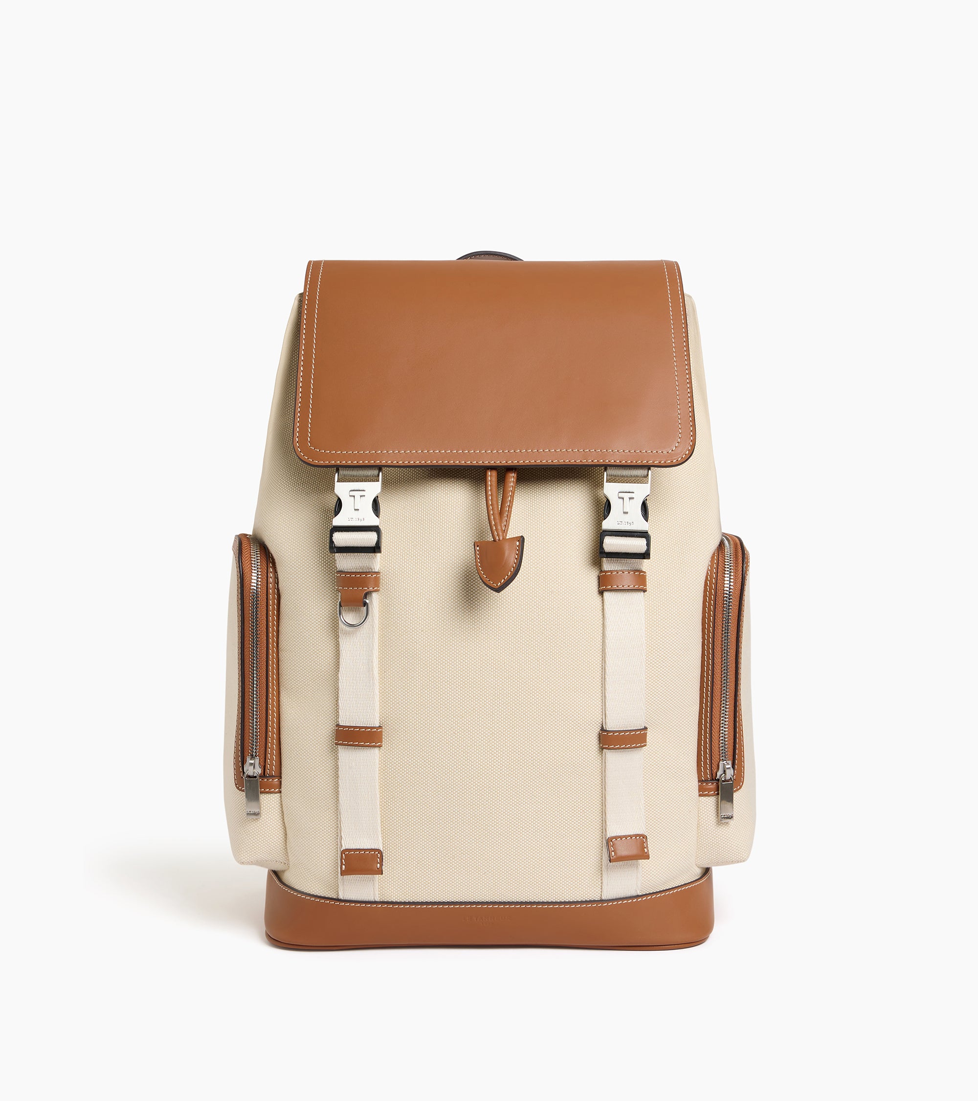 Mochila con solapa Maurice en lona de algodón y cuero liso semi-vegetal
